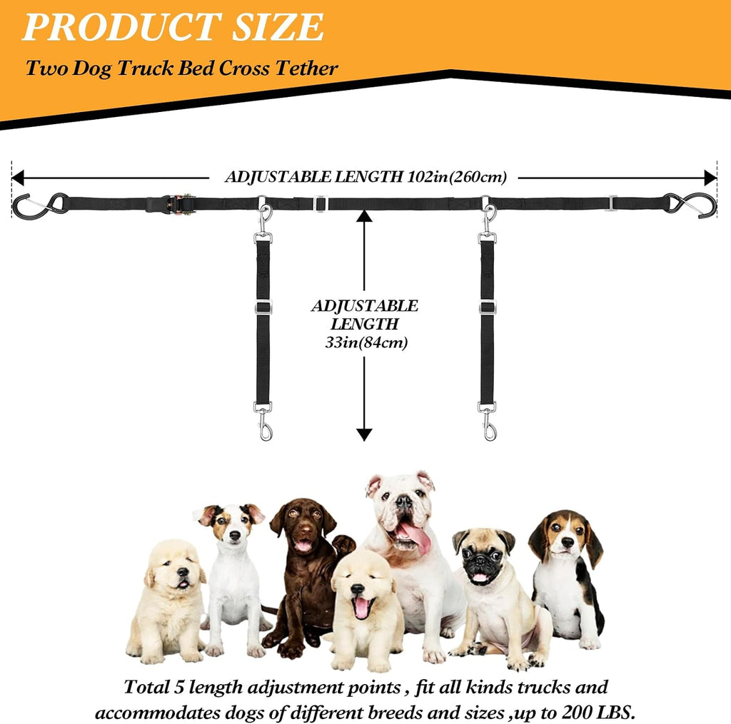 Two dogs securely tethered in truck bed using Skipwall system