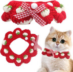 Aoeeki handmade white crochet pet bandana style collar showing the detailed craftsmanship of the strawberry charm.