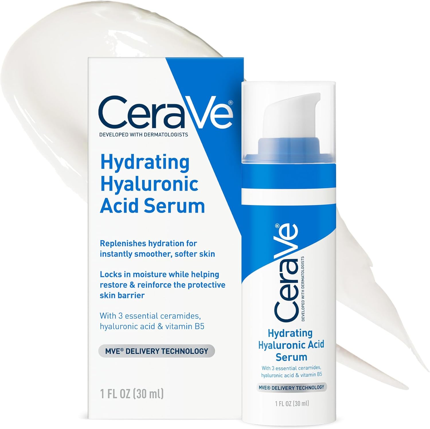 CeraVe Hydrating Hyaluronic Acid Serum front view bottle on a solid background