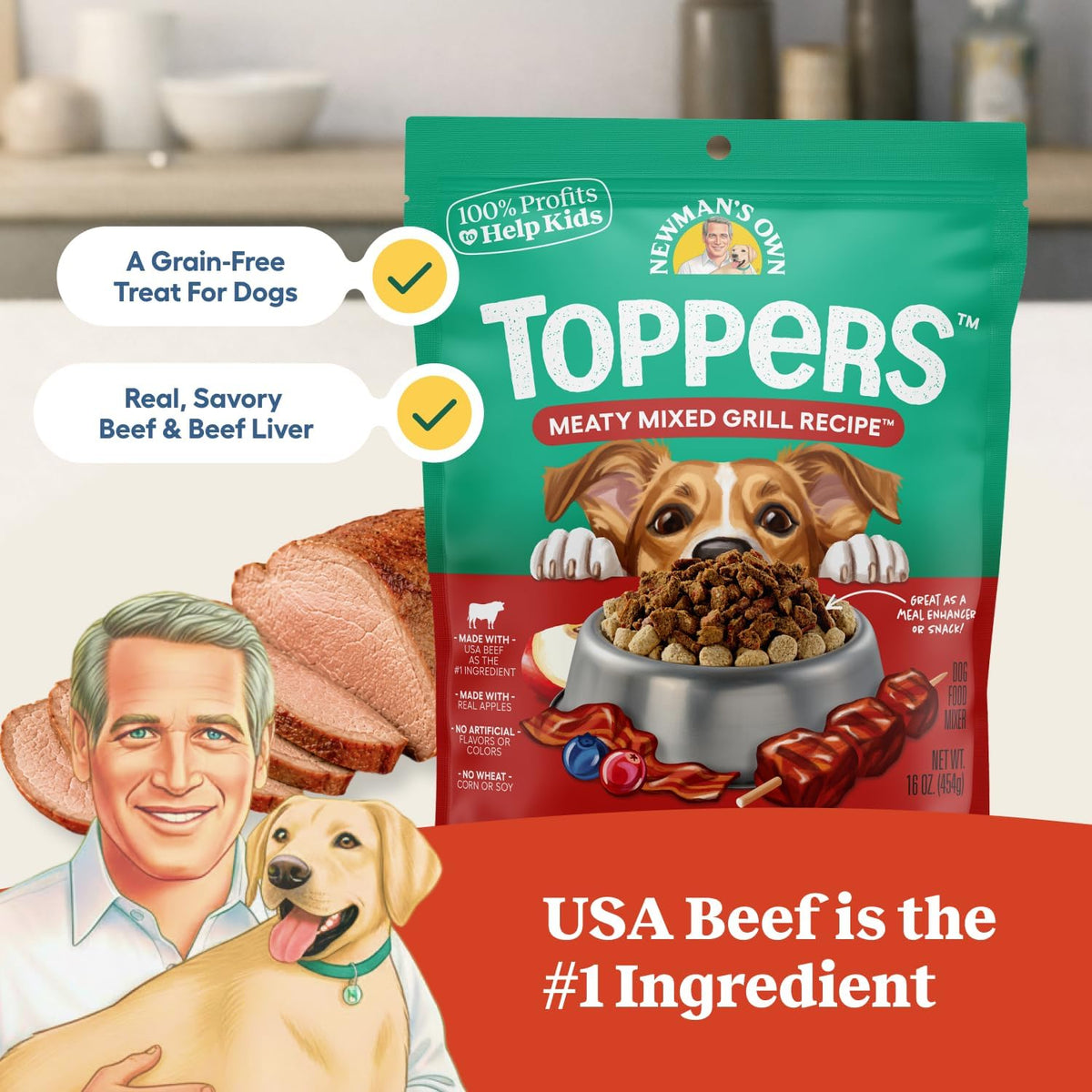 Authentic grain free dog food mixer pouch showing real beef ingredient highlights