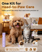 Veeconn four in one low noise pet shaver kit with interchangeable cutter heads displayed.