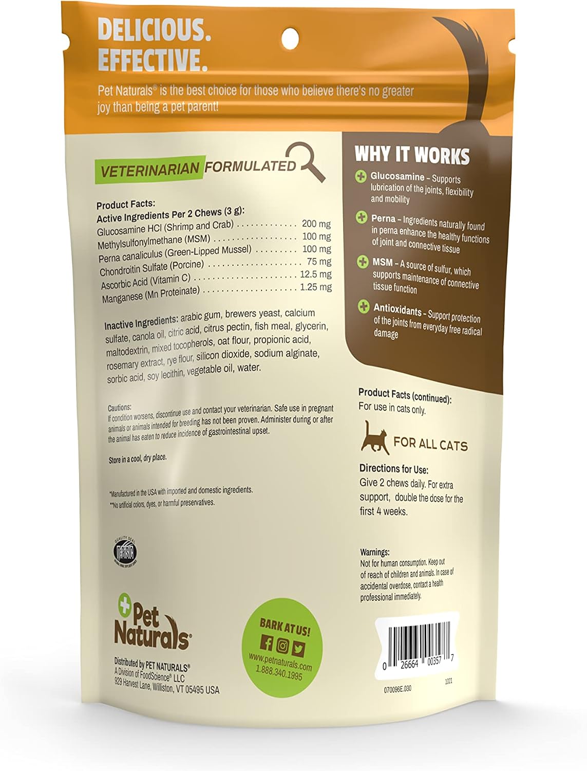 Pet Naturals cat joint support chews back label details