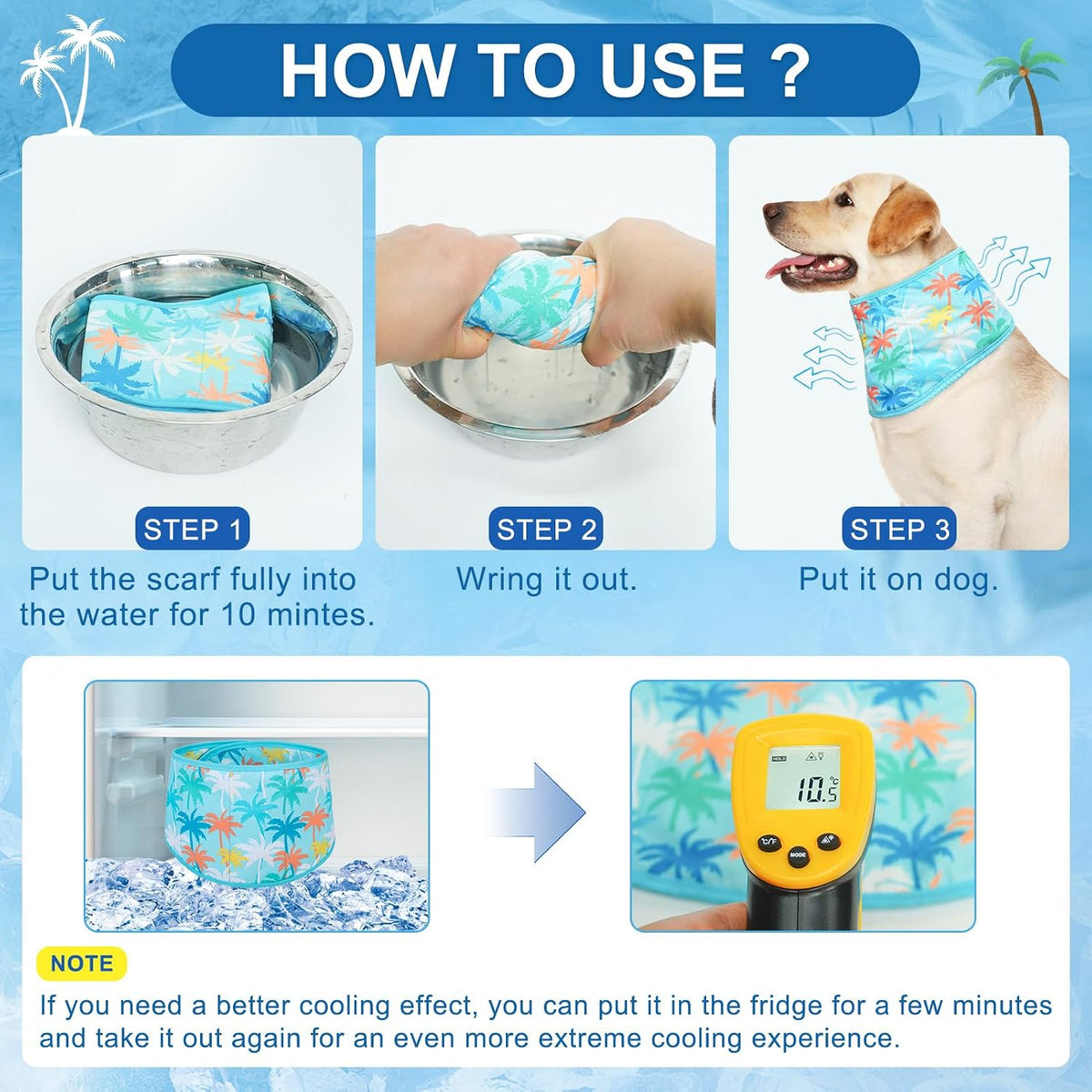 Instructions showing how to soak and wring cooling bandana