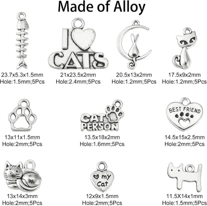 Variety of cat-themed Tibetan silver charms on a white background