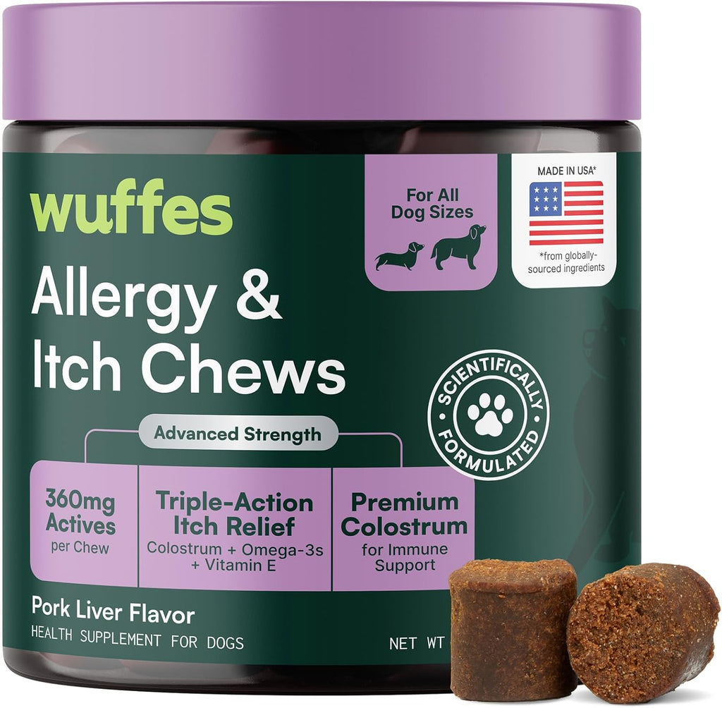 Wuffes Allergy and Itch Soft Chews front view of the premium dog allergy supplement packaging.