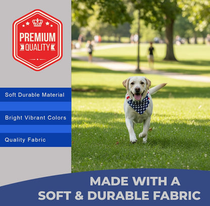 Patriotic stars and stripes pattern pet scarf laid flat showing standard size measurements