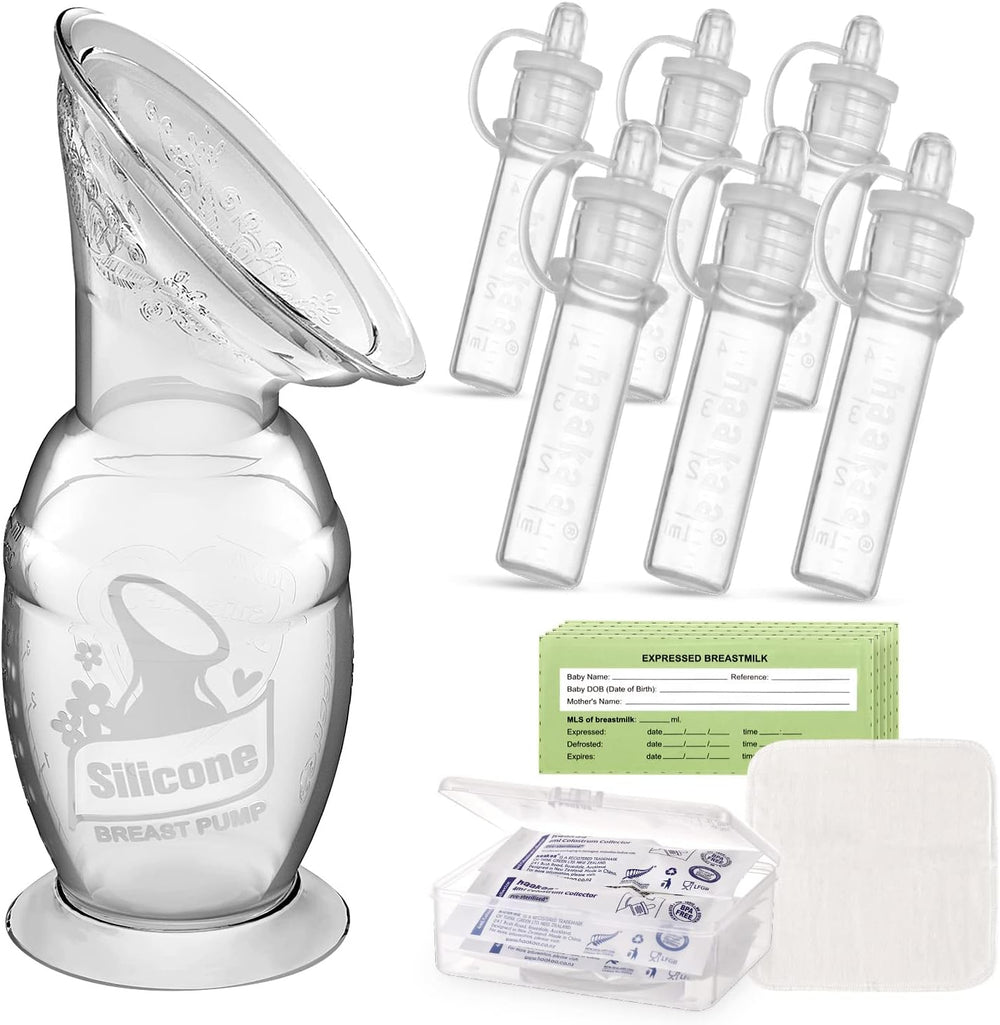 Haakaa Manual Breast Pump and Colostrum Collector Kit front view showcasing the silicone pump and storage bottles.