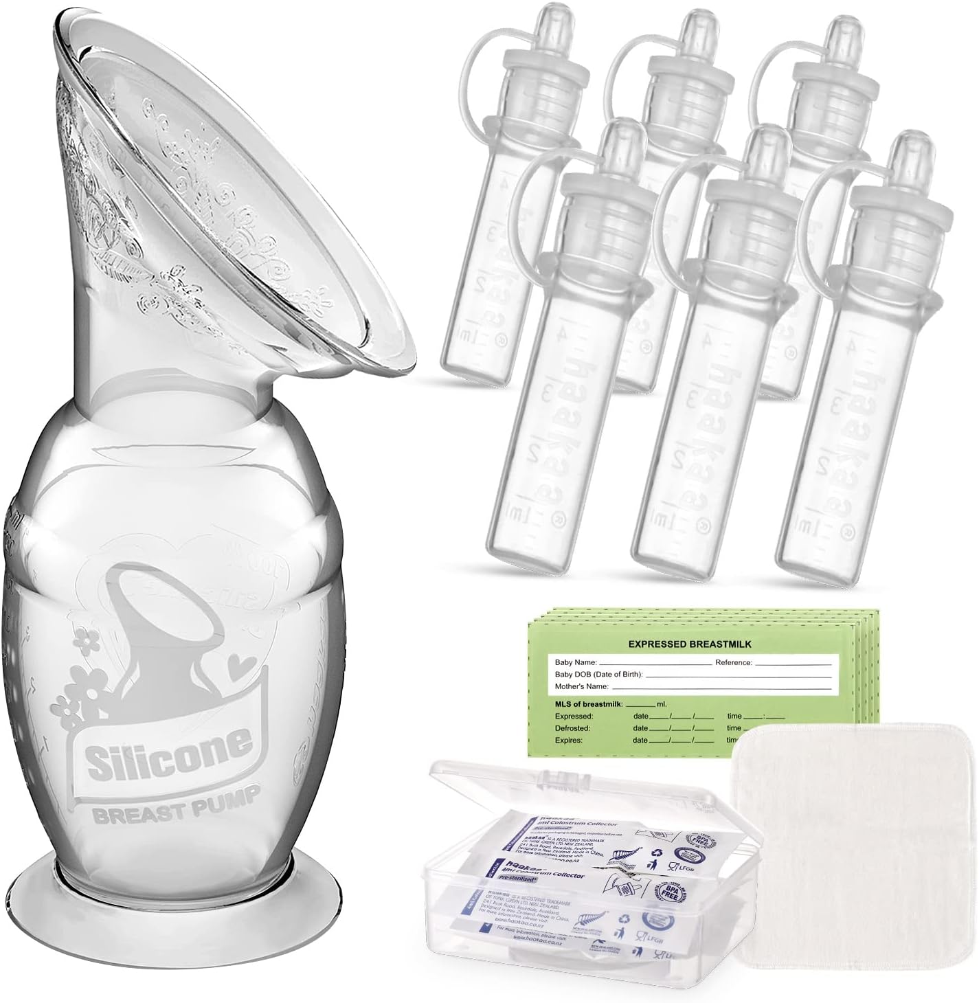 Haakaa Manual Breast Pump and Colostrum Collector Kit front view showcasing the silicone pump and storage bottles.