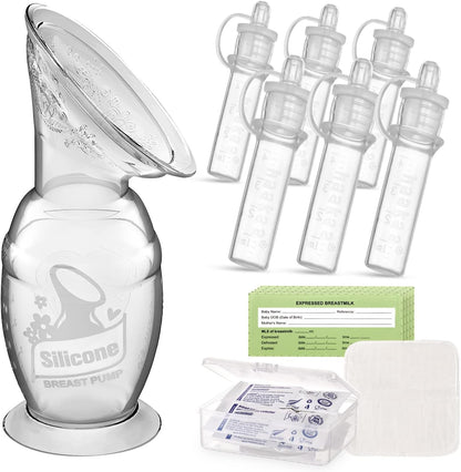 Haakaa Manual Breast Pump and Colostrum Collector Kit front view showcasing the silicone pump and storage bottles.