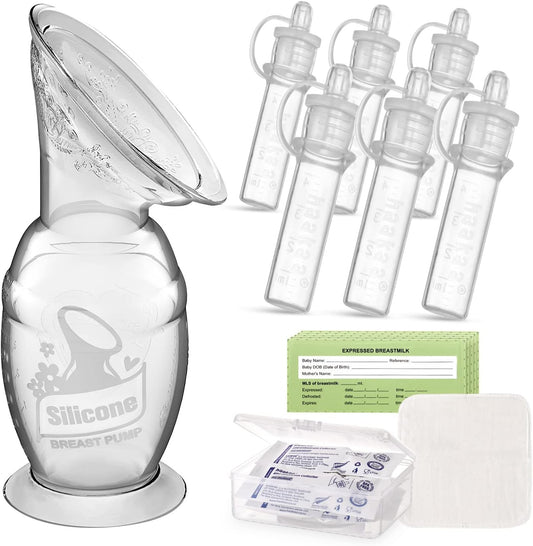 Haakaa Manual Breast Pump and Colostrum Collector Kit front view showcasing the silicone pump and storage bottles.