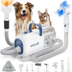 Oneisall dog vacuum and dryer kit front view with all eight grooming attachments neatly arranged