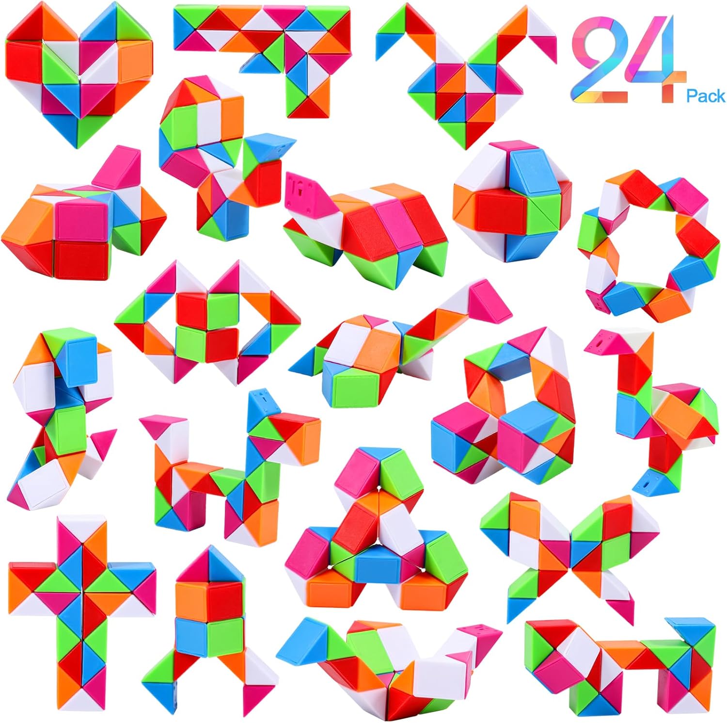 JOLLYFUN Magic Snake Cube Fidget Toys front view pack of twenty-four multicolor puzzle blocks.