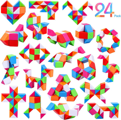 JOLLYFUN Magic Snake Cube Fidget Toys front view pack of twenty-four multicolor puzzle blocks.