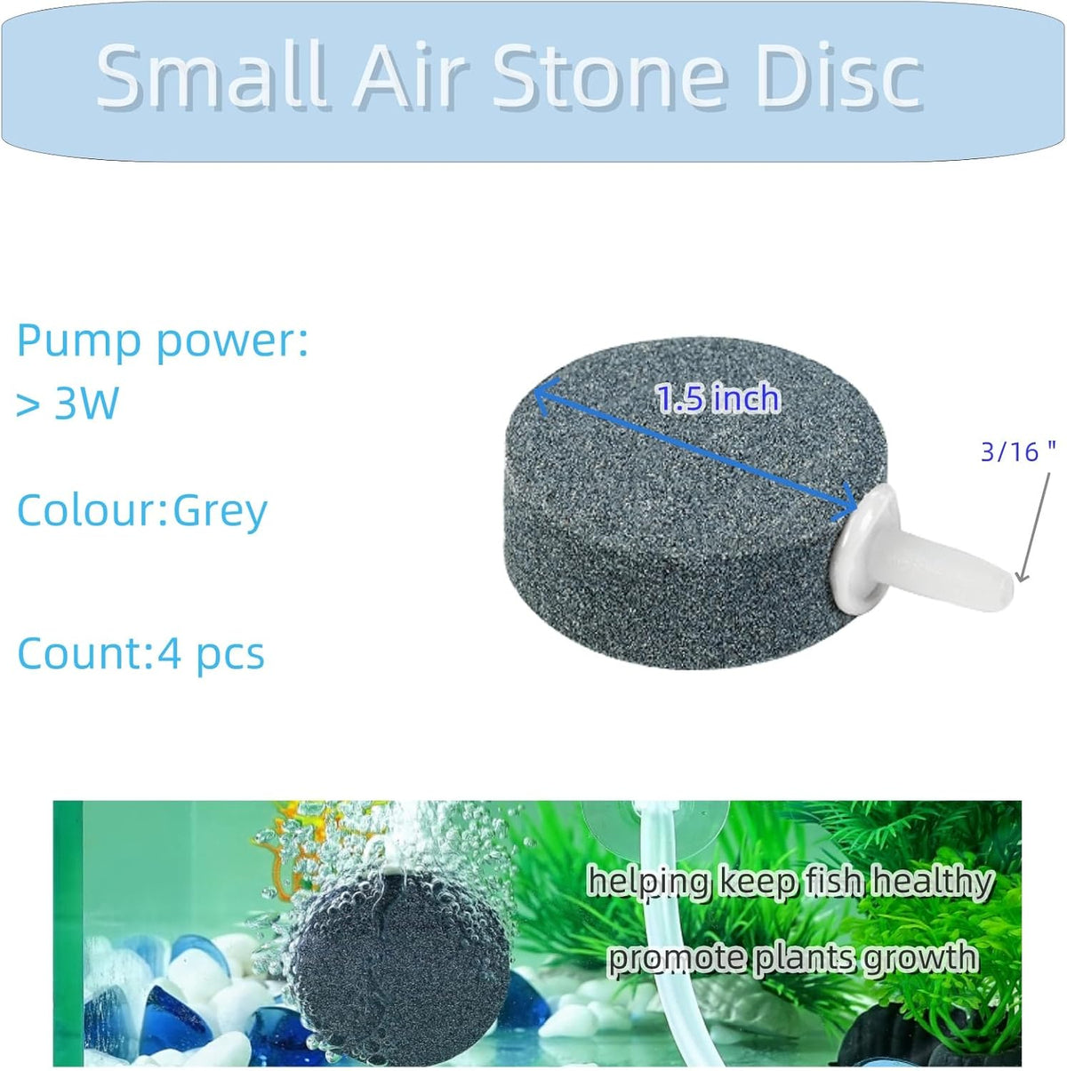 Aquaneat air stone disc front view showing 1.5 inch grey round aerator design