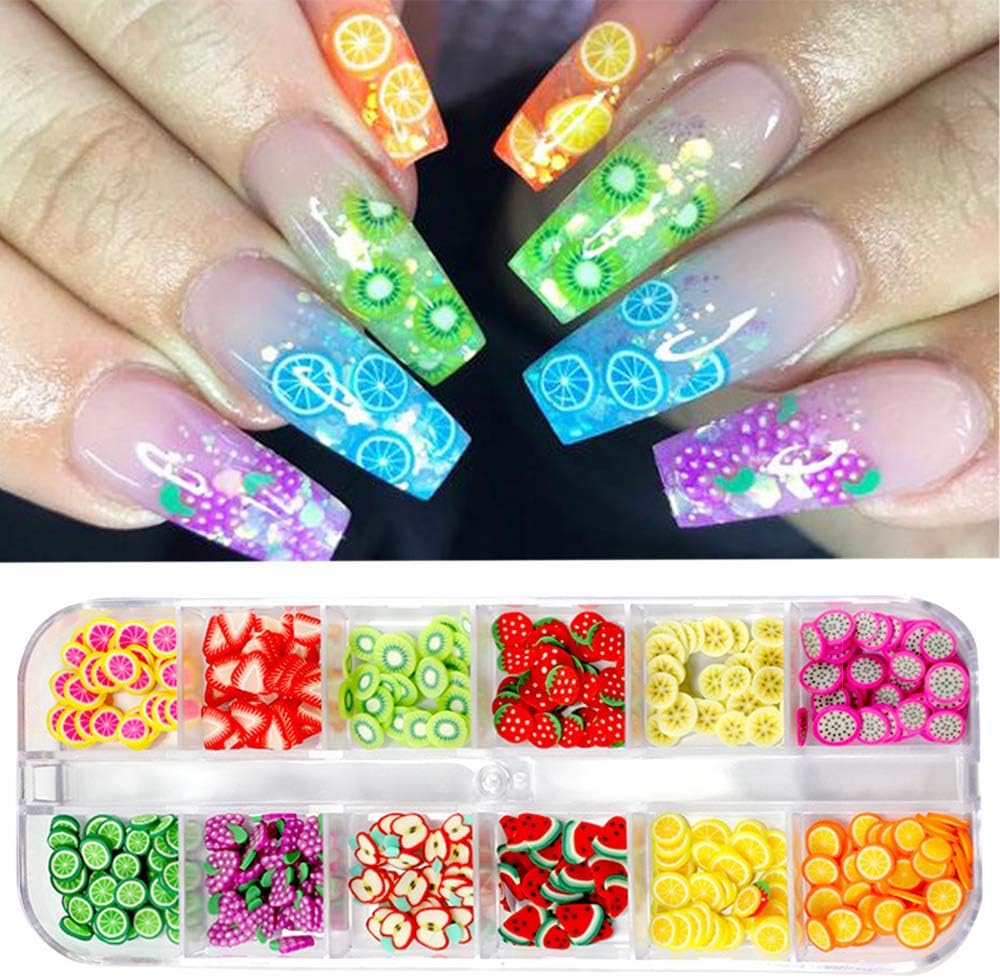 CHANGAR Fruit Nail Art Slices front view of twelve grid organizer box filled with colorful fimo designs