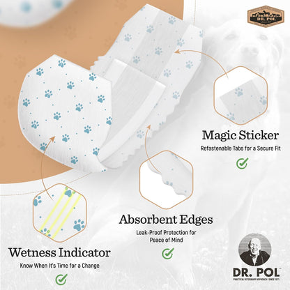 Close-up of the color changing wetness indicator on Dr. Pol male dog diapers.