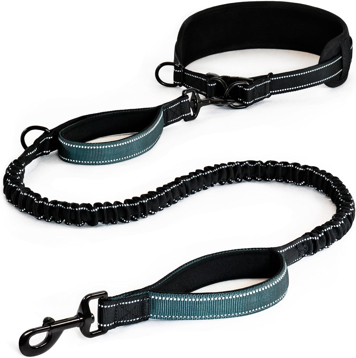 DearWells hands free waist dog leash front view showing black neoprene lumbar support belt.