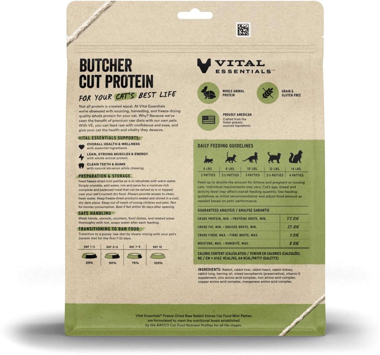 Vital Essentials grain free rabbit entree mini patties package close up