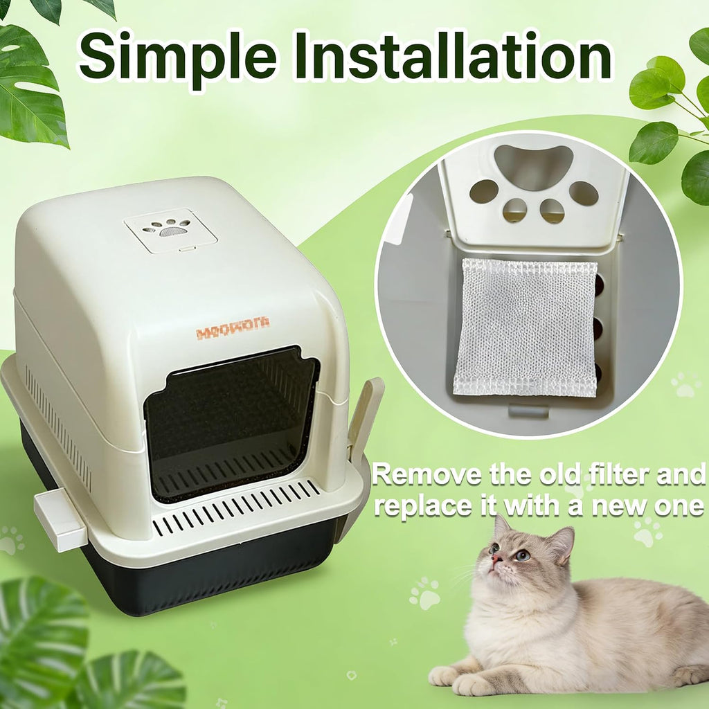 Activated carbon pet odor filter pouch demonstrating universal fit for self cleaning cat litter boxes.