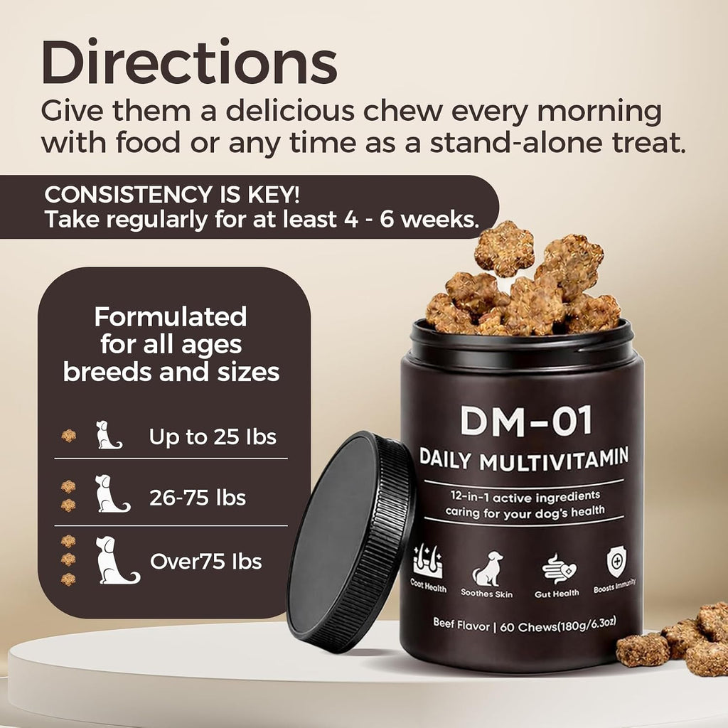Premium imported dog vitamin chews container alongside key benefit icons for gut and joint support.
