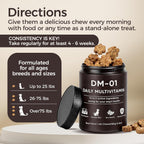 Premium imported dog vitamin chews container alongside key benefit icons for gut and joint support.