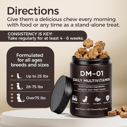 Premium imported dog vitamin chews container alongside key benefit icons for gut and joint support.
