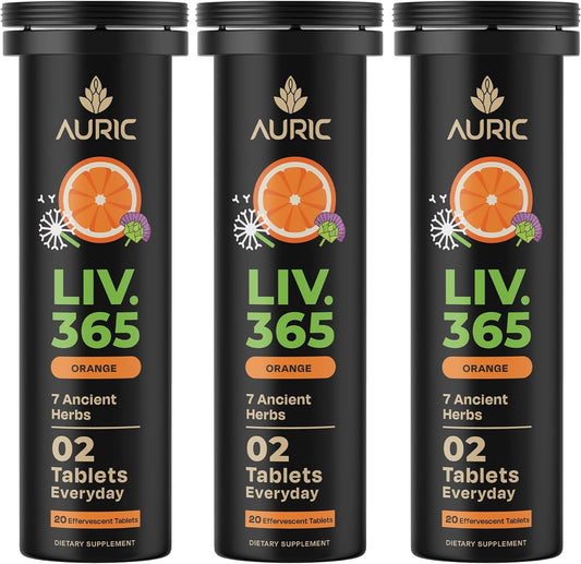 Auric Herbal Liver Support Supplement 60 effervescent tablets front view for natural liver cleanse.