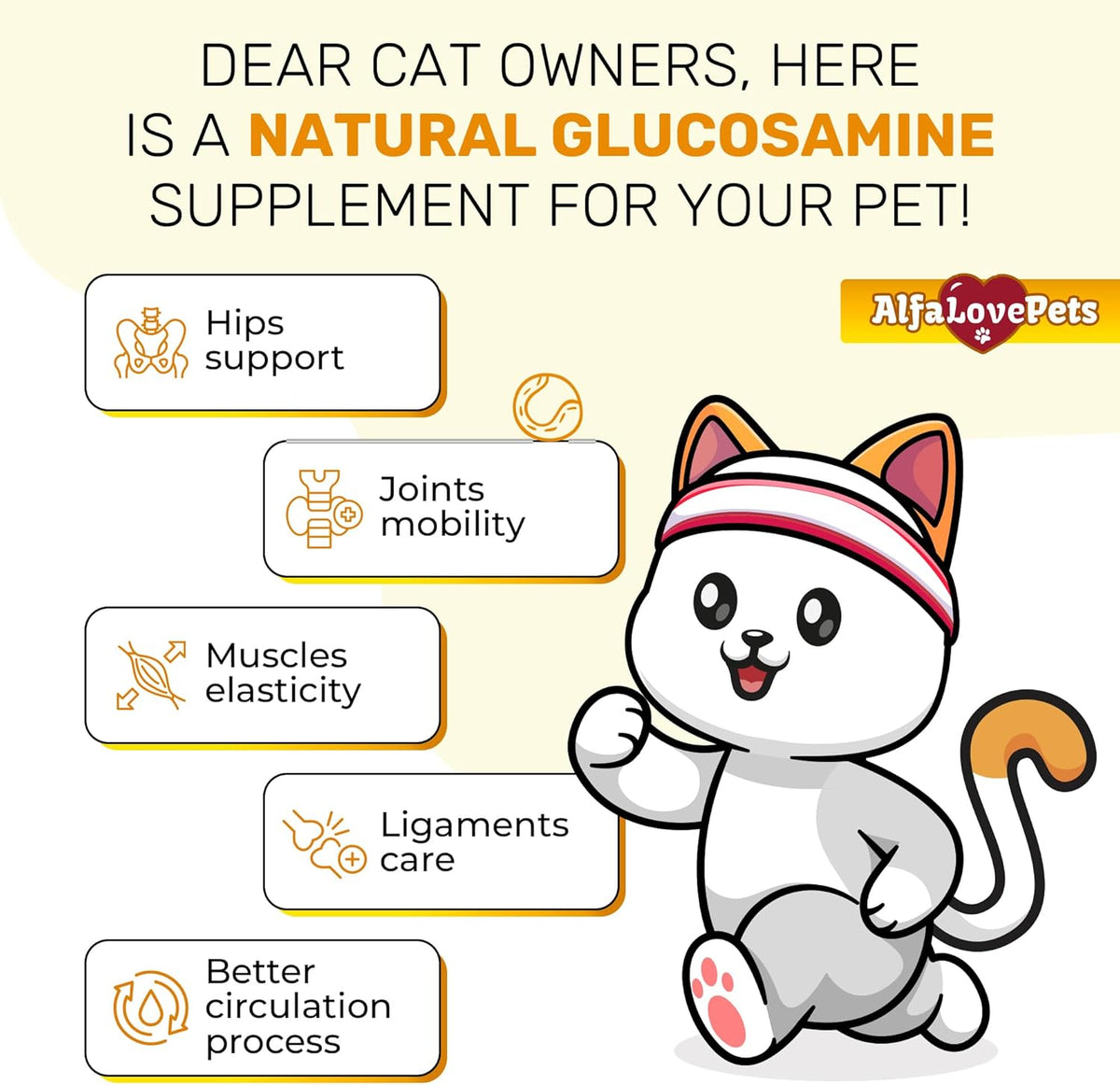 Close up of Alfa Love Pets cat joint supplement label