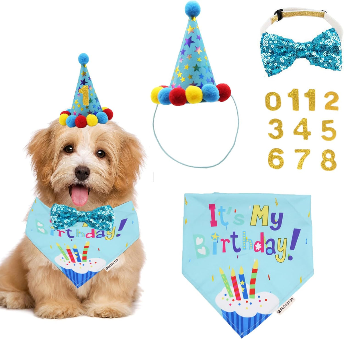ADOGGYGO complete three piece blue puppy birthday supply pack packaging view