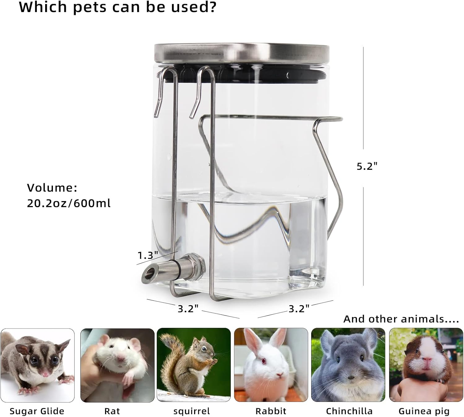 Guinea Pig Water Bottle No Drip, Rabbit Glass Waterer, Chinchilla Stainless Steel Nozzle Anti-Bite Water Dispenser for Small Animal, Bunny, Hamster, Sugar Glider and Rat(20.2oz) - Image 5