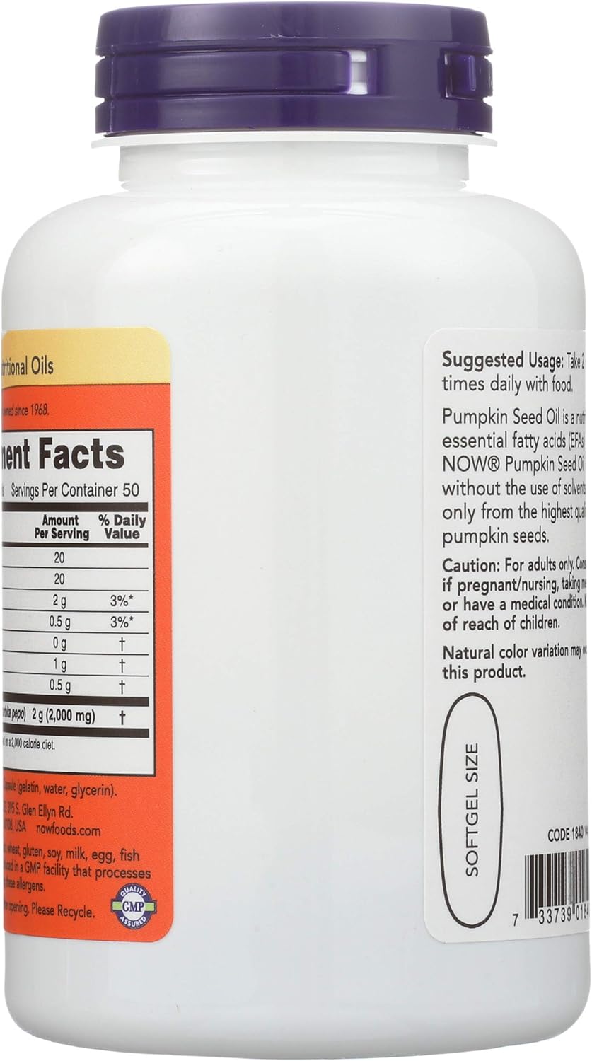 Cold pressed pumpkin seed oil capsules supplement bottle back label with supplement facts.