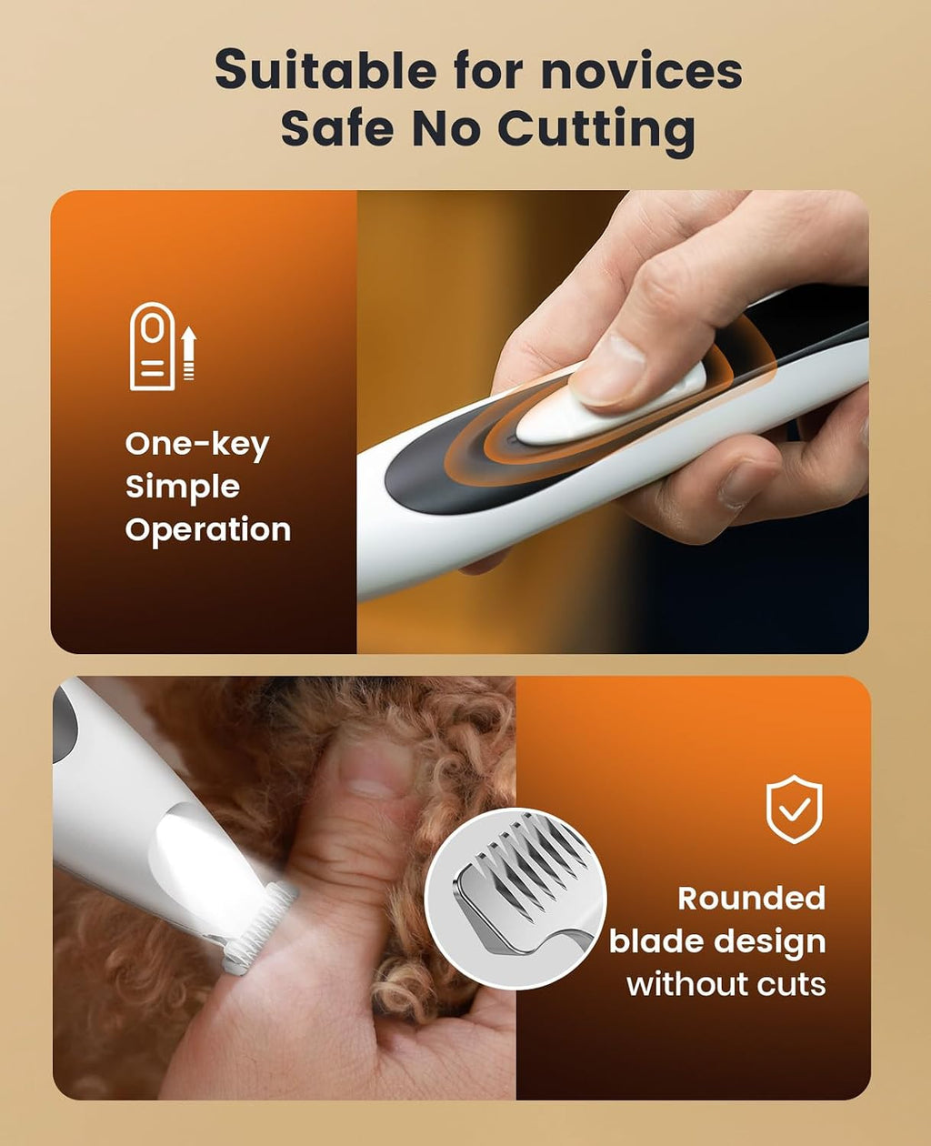 Close up view of the ceramic and stainless steel blades on pet trimmer