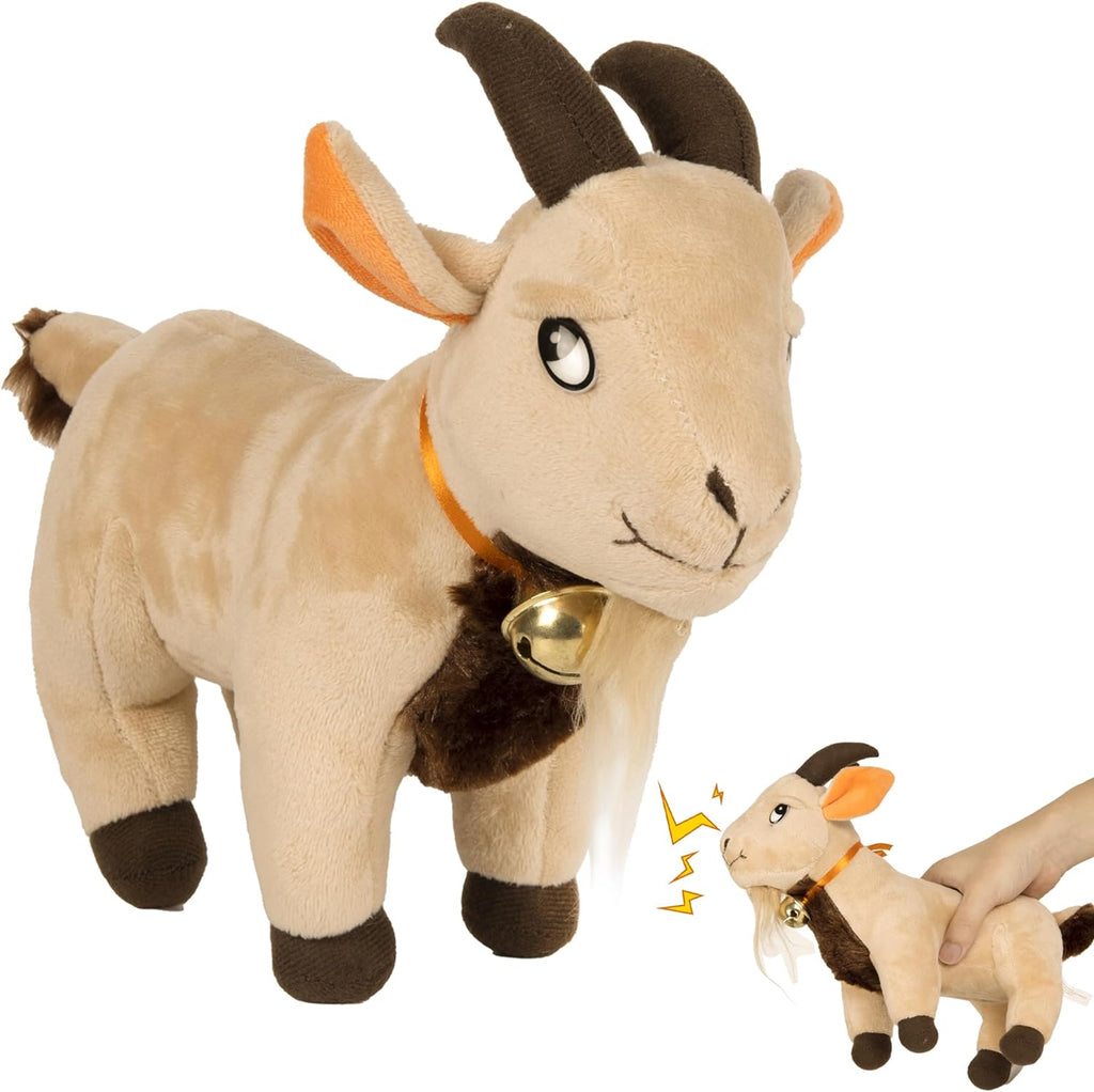Twiddler Toys Screaming Goat plush desk toy front view showing the eleven inch soft body and cute neck bell.