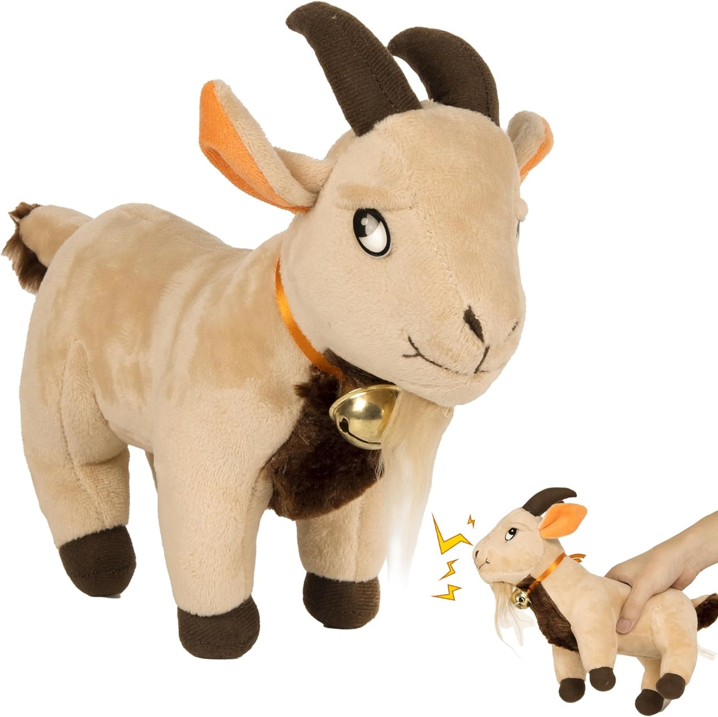 Twiddler Toys Screaming Goat plush desk toy front view showing the eleven inch soft body and cute neck bell.