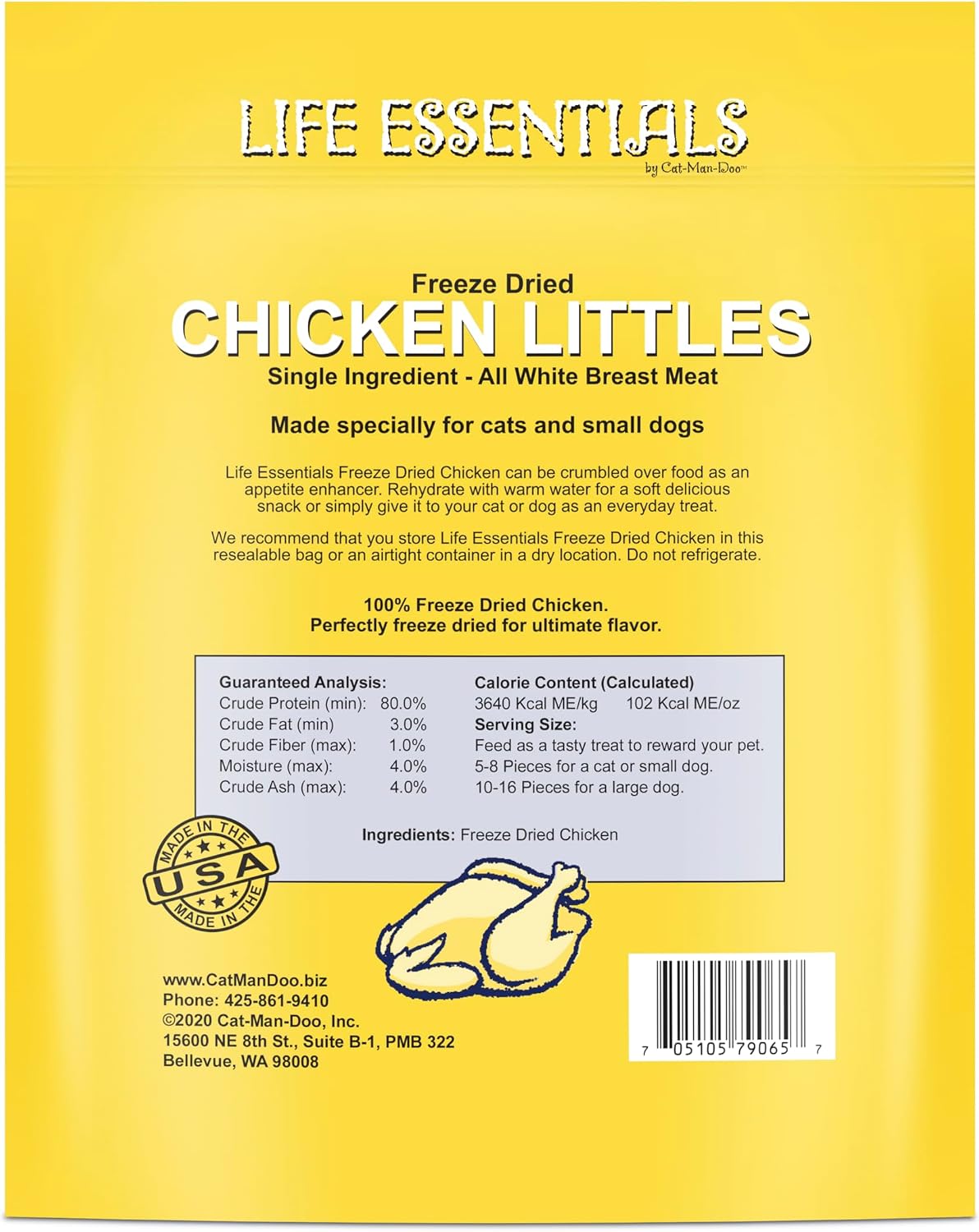 Life Essentials freeze dried chicken breast single ingredient cat and dog treats package layout.