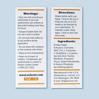 OcluVet pet antioxidant drops bottle detailing application dosage for dogs and cats