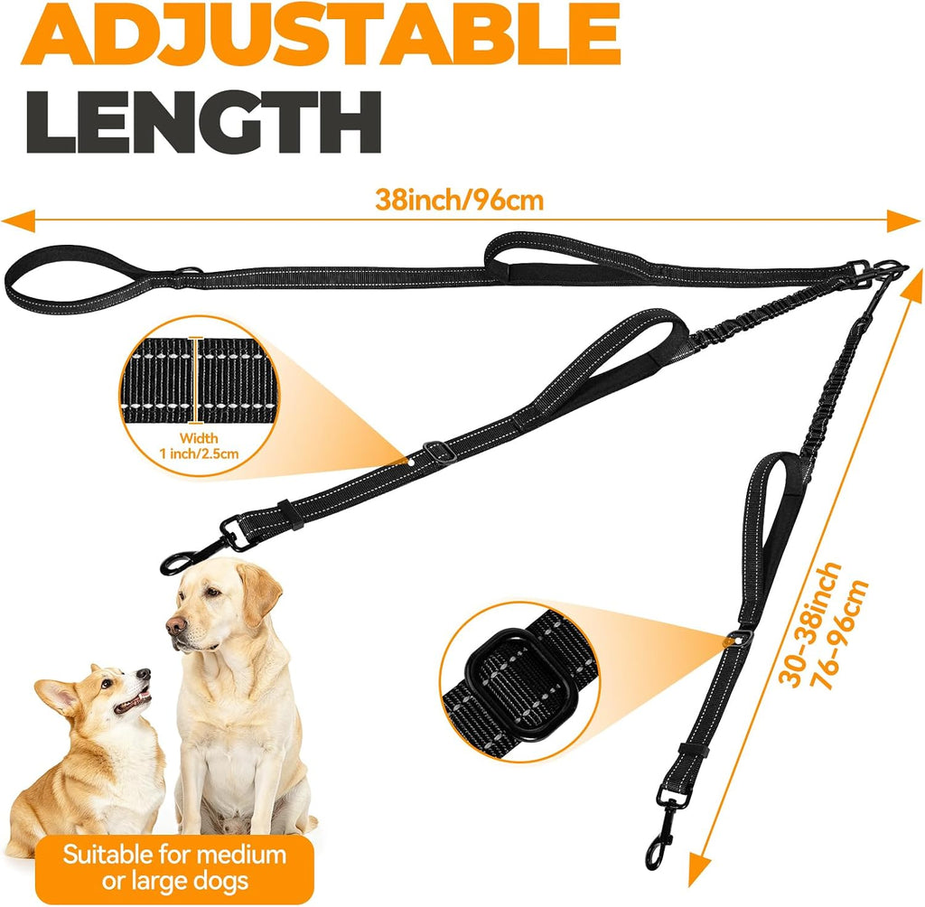 Shock absorbing elastic bungee section on a black double dog leash