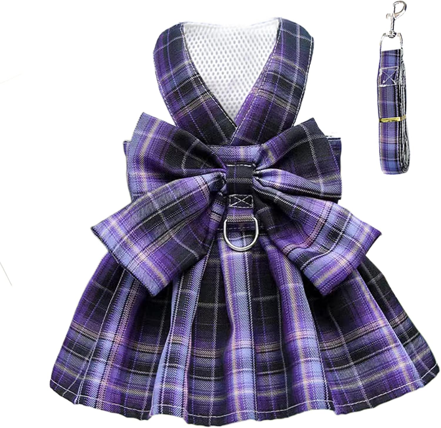 Petcare plaid dog dress harness front view showing purple bow tie detail.