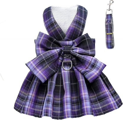 Petcare plaid dog dress harness front view showing purple bow tie detail.
