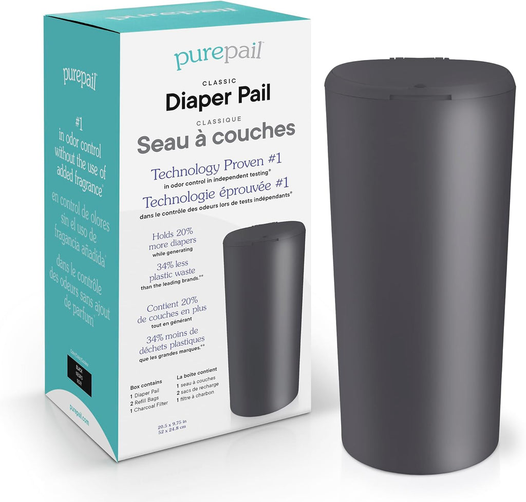 PurePail classic diaper pail front view in black