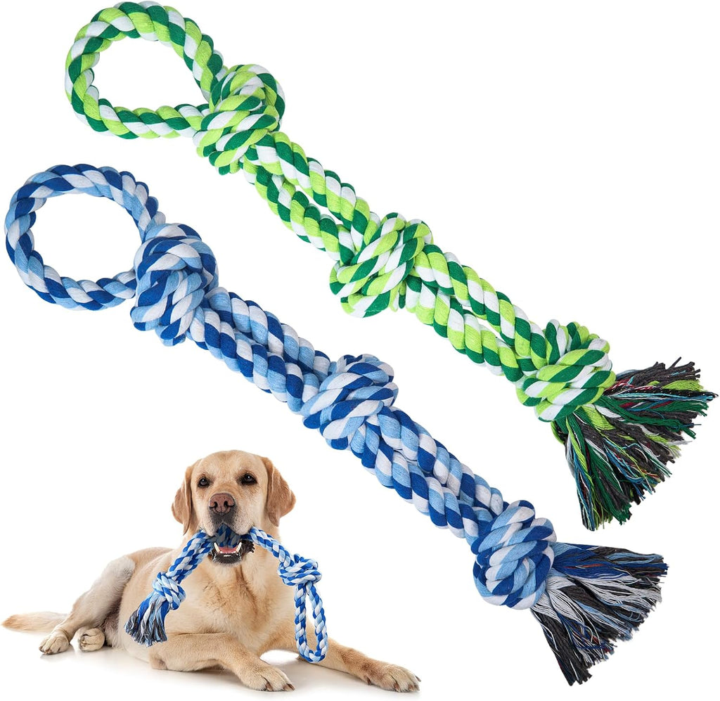 TLAZZ 2 pack dog rope toys front view showing green and blue cotton ropes with three knots
