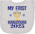 Inktastic 2025 My First Hanukkah baby bib with menorah graphic front view