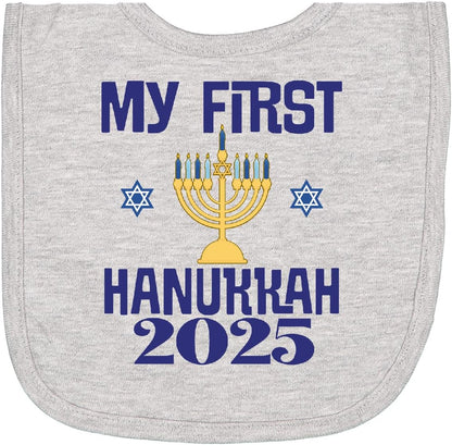 Inktastic 2025 My First Hanukkah baby bib with menorah graphic front view
