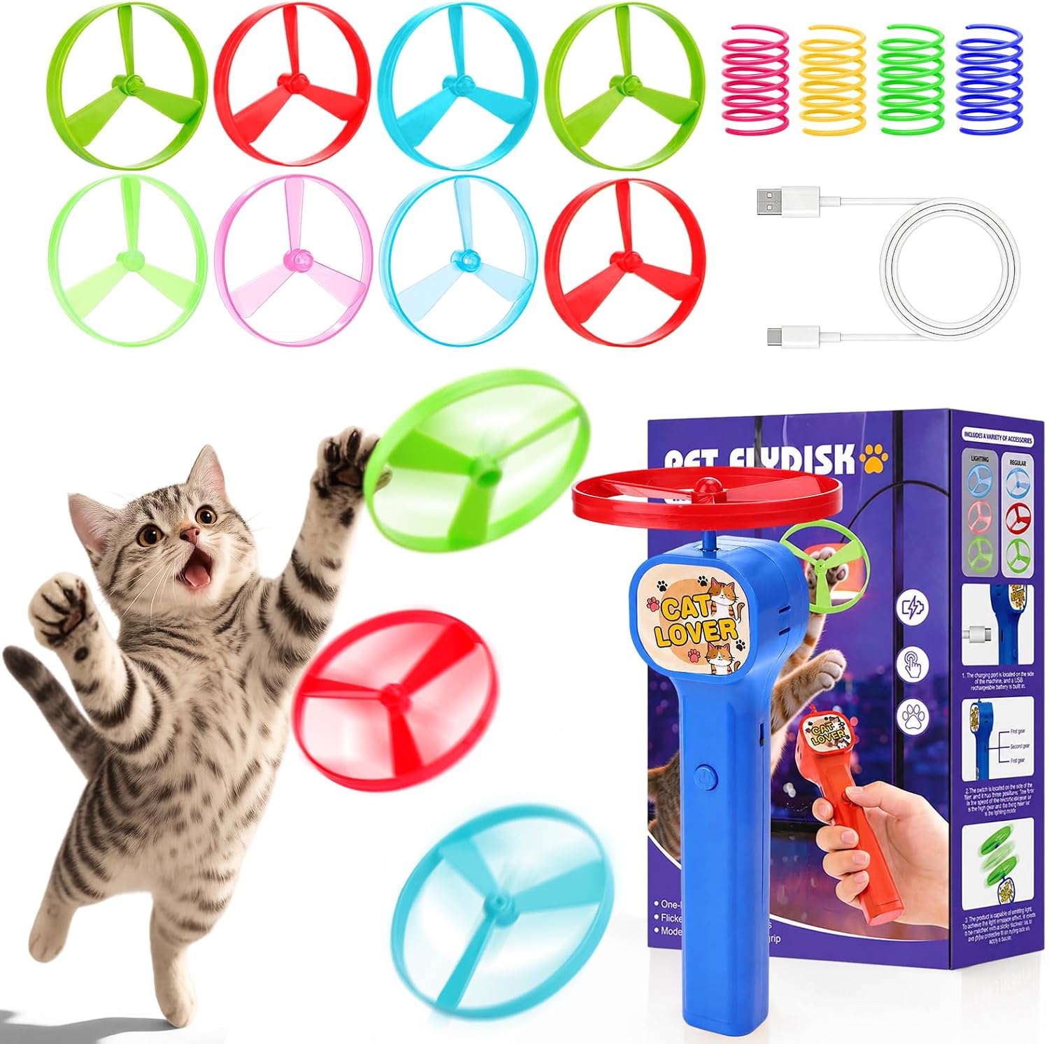 BABORUI Cat Toy Disc Launcher, Rechargeable Interactive Cat Fetch Toy Launcher with 8 Flying Discs, Flying Enrichment Toys for Indoor Bored Kittens & Adult Cats (Yellow) - Image 13