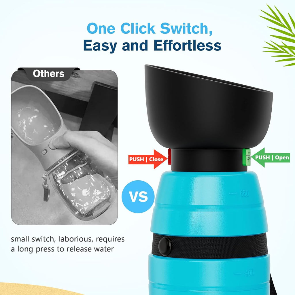 Side view of the lightweight Pecute pet bottle highlighting the attached hand strap and carabiner.