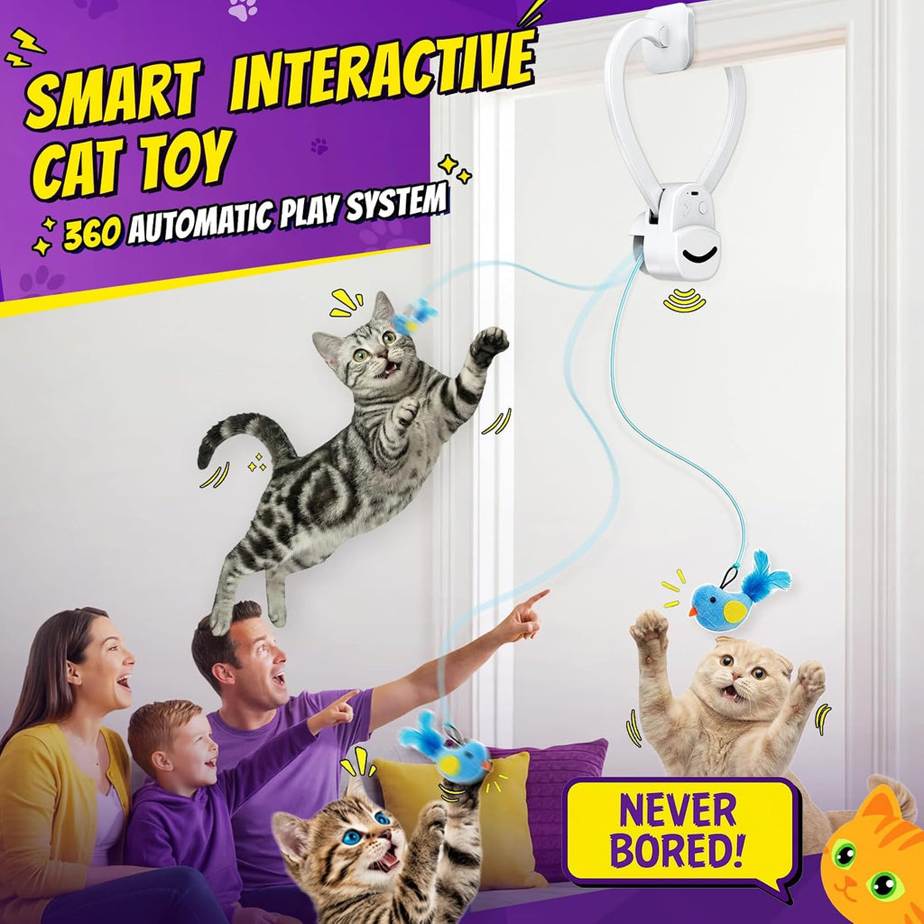 Aoioploa door frame mounted electric feather wand cat toy showing retractable line