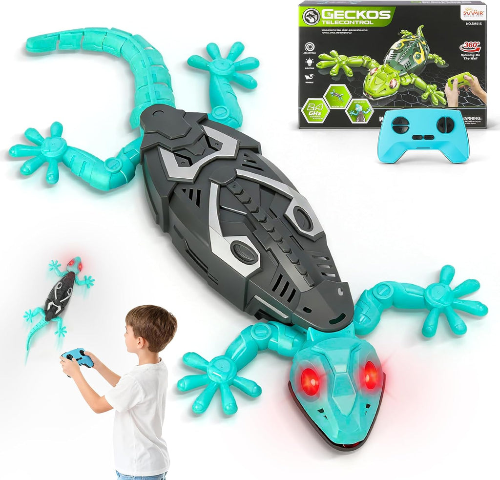 Hamino RC wall crawling gecko front view with glowing red eyes