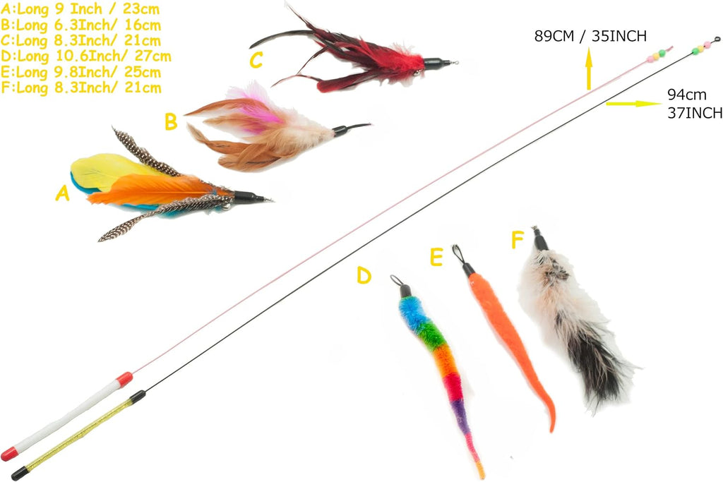 Close up of interchangeable feather and worm replacement pieces for cat toy