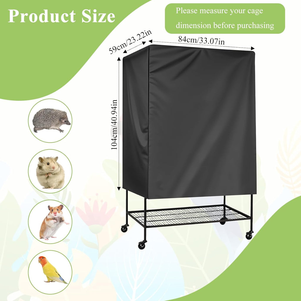 Black blackout bird cage cover showing adjustable front panel fasteners