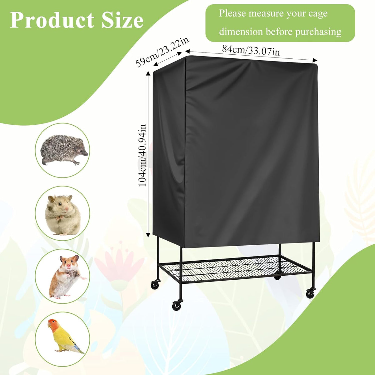 Black blackout bird cage cover showing adjustable front panel fasteners